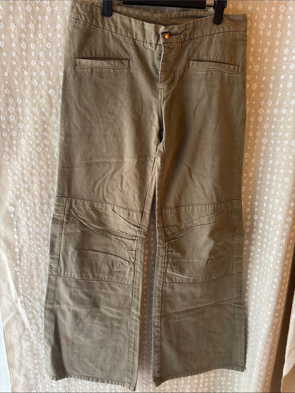 Wide-Leg Jeans in Olive Green with Unique Details